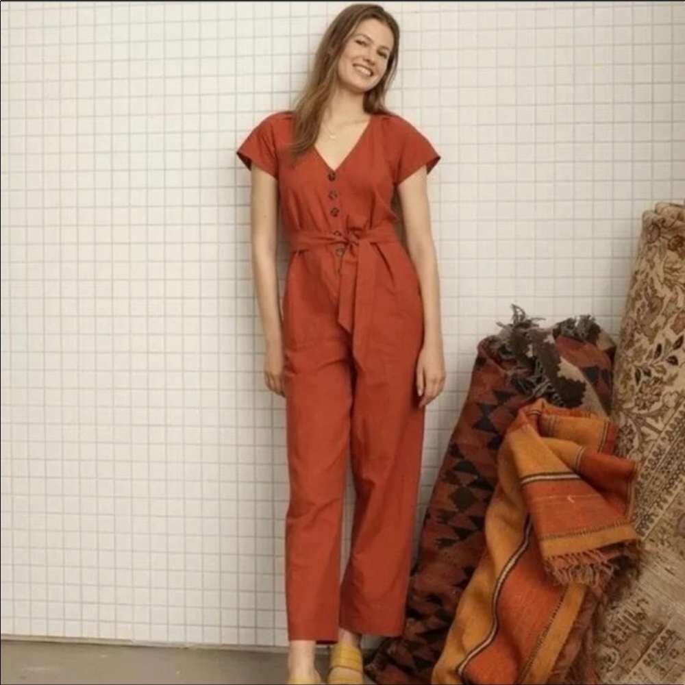 Madewell orange linen pleated button jumpsuit
